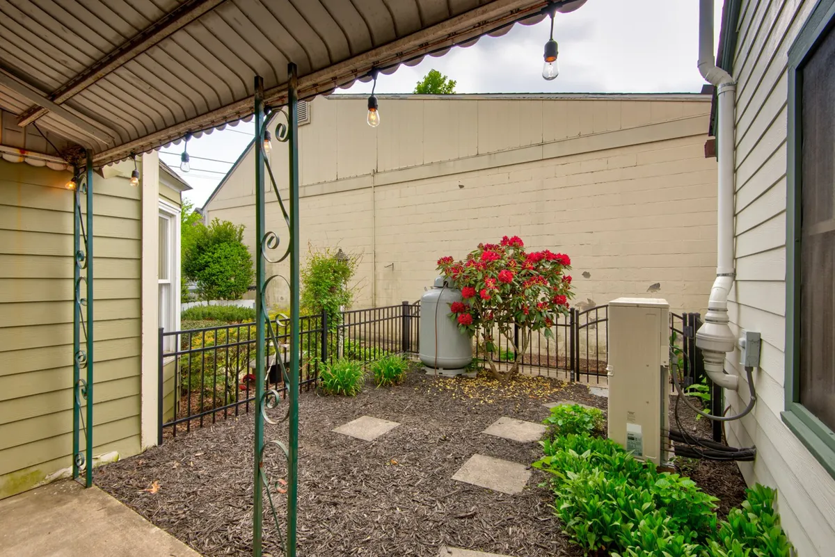 A tranquil patio area accented by a flowering bush and cozy string lights overhead. The setting offers a secluded spot for couples or friends to relax outdoors, with comfortable space for evening gatherings under the lights.